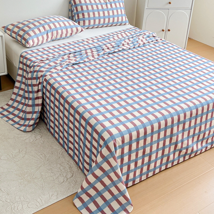 91家纺网 家纺一手货源 找家纺 感遇 2025新款全棉磨毛A类床单床笠三件套 蓝咖格