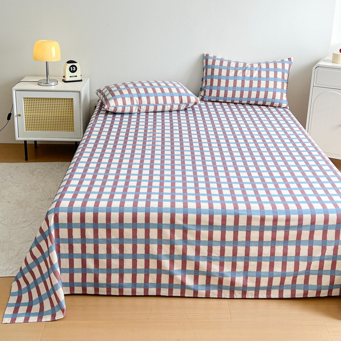 91家纺网 家纺一手货源 找家纺 感遇 2025新款全棉磨毛A类床单床笠三件套 蓝咖格