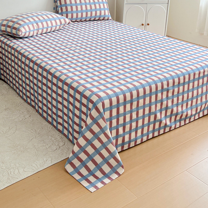 91家纺网 家纺一手货源 找家纺 感遇 2025新款全棉磨毛A类床单床笠三件套 蓝咖格