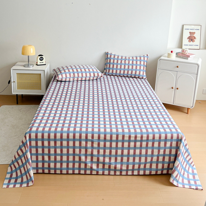 91家纺网 家纺一手货源 找家纺 感遇 2025新款全棉磨毛A类床单床笠三件套 蓝咖格