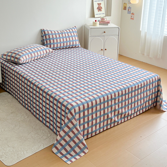 91家纺网 家纺一手货源 找家纺 感遇 2025新款全棉磨毛A类床单床笠三件套 蓝咖格