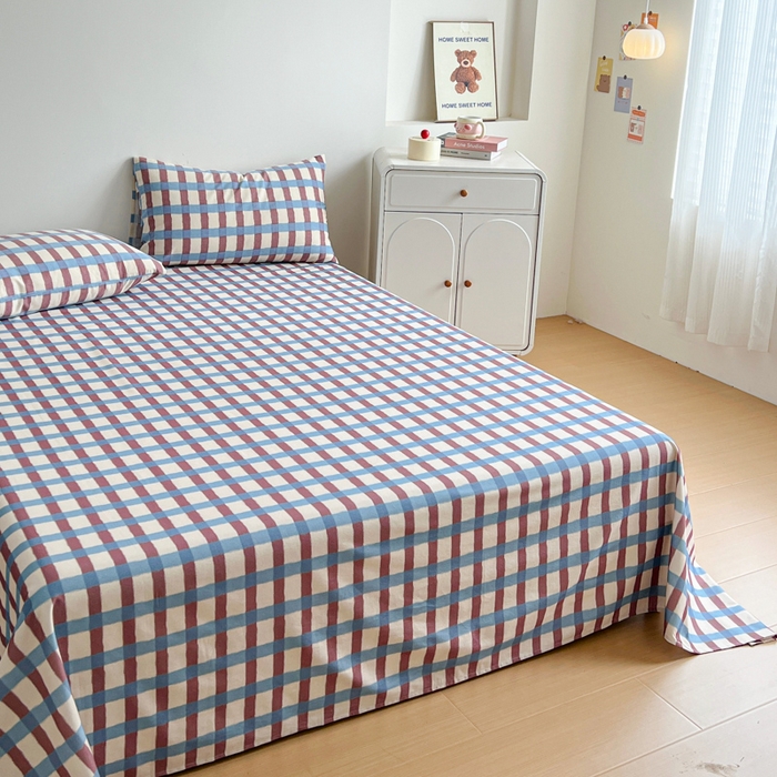 91家纺网 家纺一手货源 找家纺 感遇 2025新款全棉磨毛A类床单床笠三件套 蓝咖格