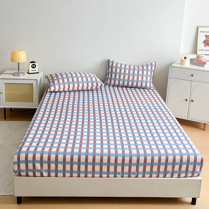 91家纺网 家纺一手货源 找家纺 感遇 2025新款全棉磨毛A类床单床笠三件套 蓝咖格