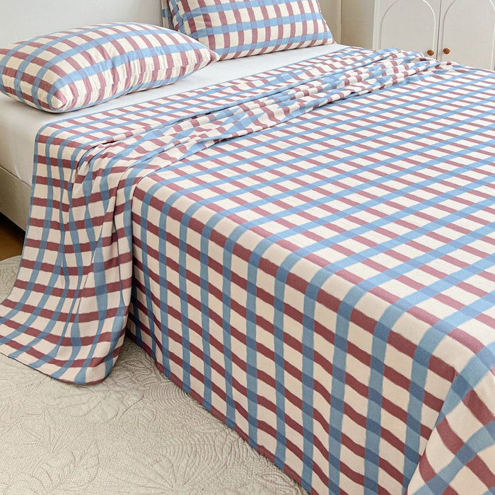 91家纺网 家纺一手货源 找家纺 感遇 2025新款全棉磨毛A类床单床笠三件套 蓝咖格