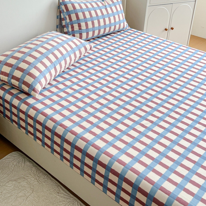 91家纺网 家纺一手货源 找家纺 感遇 2025新款全棉磨毛A类床单床笠三件套 蓝咖格