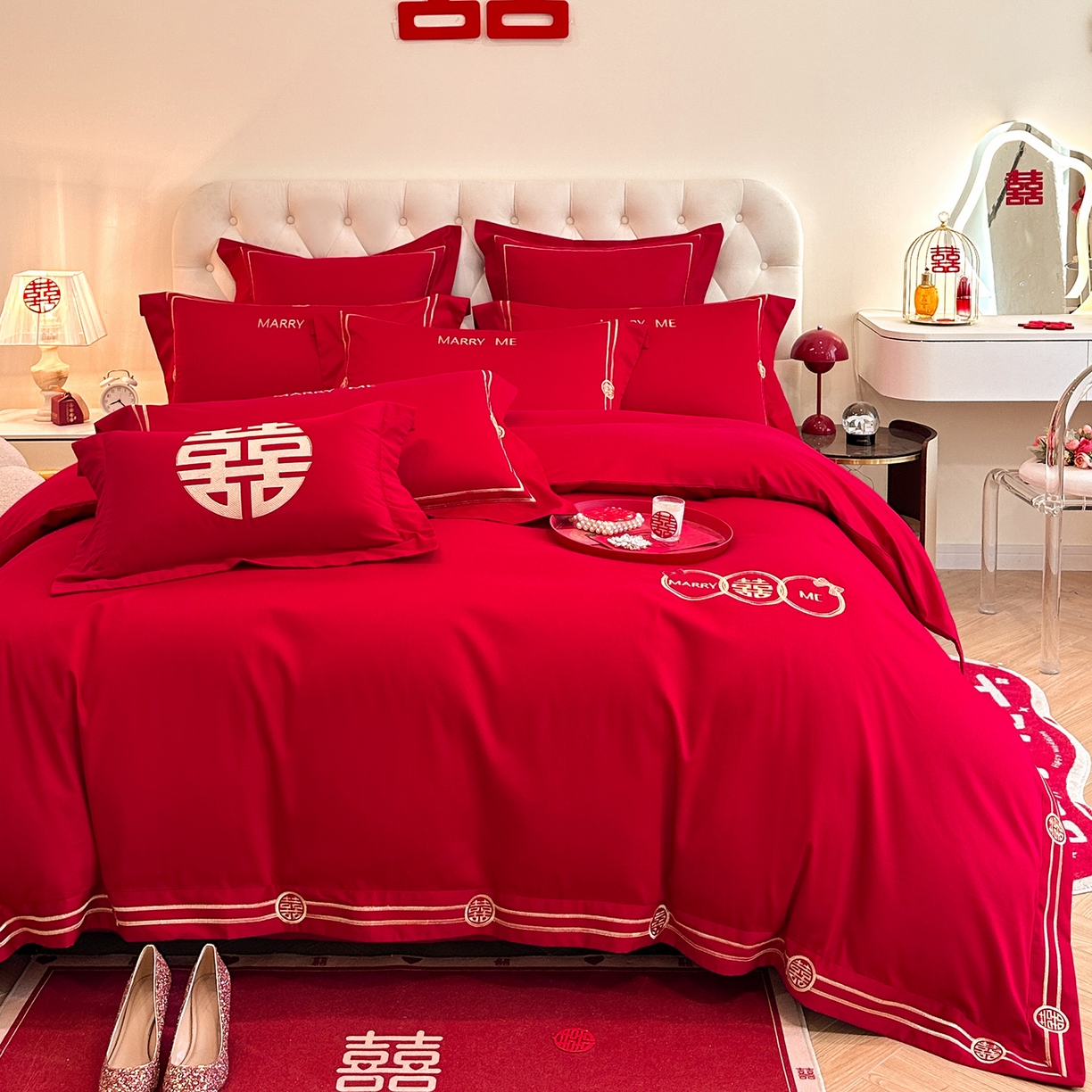 91家纺网 家纺一手货源 找家纺 置顶家纺 2025新款亲肤刺绣婚庆磨毛四件套 如意双喜-大红