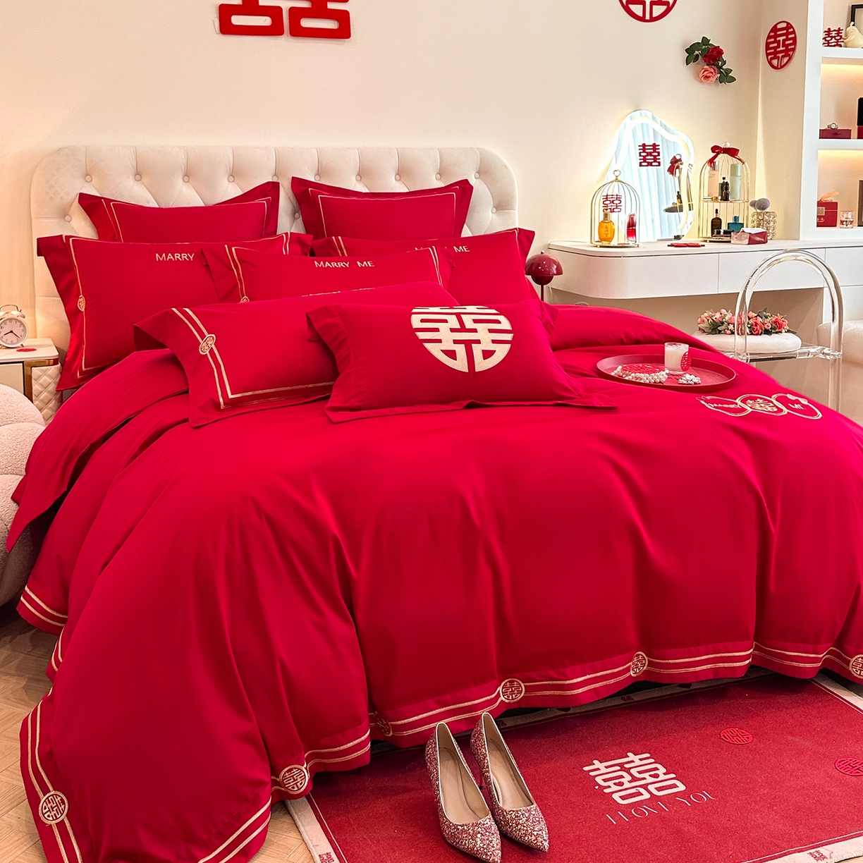 91家纺网 家纺一手货源 找家纺 置顶家纺 2025新款亲肤刺绣婚庆磨毛四件套 如意双喜-大红