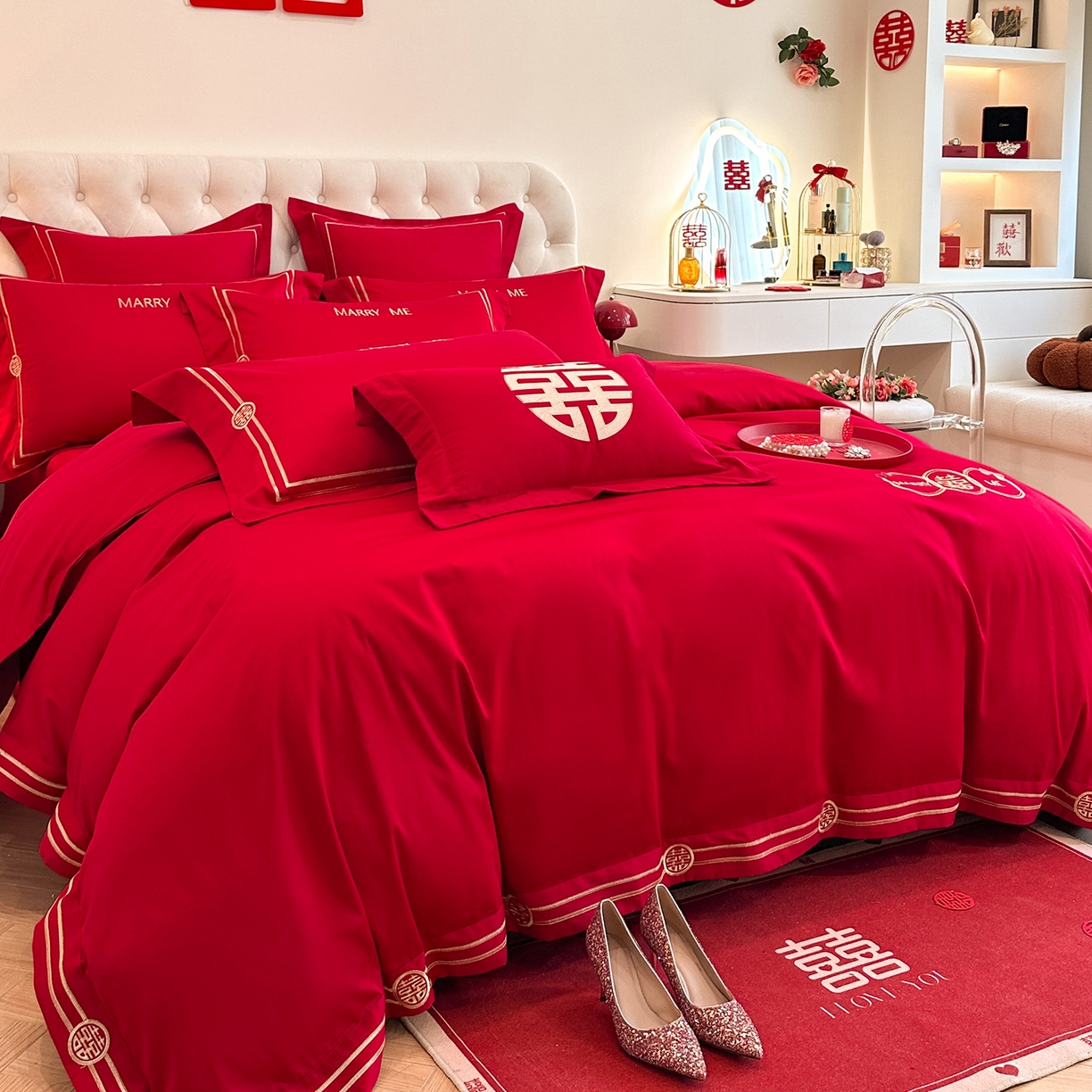 91家纺网 家纺一手货源 找家纺 置顶家纺 2025新款亲肤刺绣婚庆磨毛四件套 如意双喜-大红