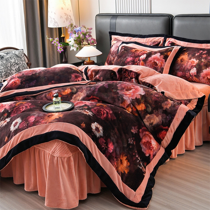 91家纺网 家纺一手货源 找家纺 馨梦缘 2025新款牛奶绒数码印花四件套 百花齐放-桔