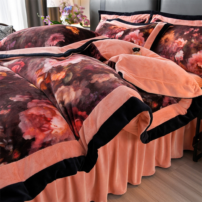 91家纺网 家纺一手货源 找家纺 馨梦缘 2025新款牛奶绒数码印花四件套 百花齐放-桔