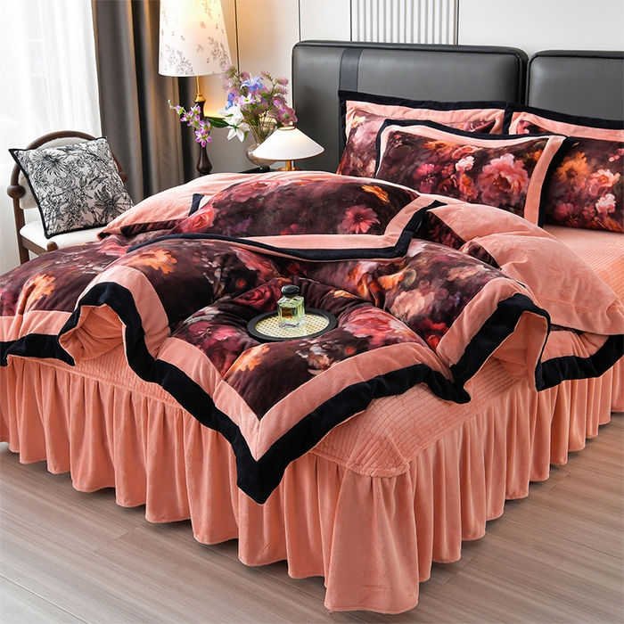 91家纺网 家纺一手货源 找家纺 馨梦缘 2025新款牛奶绒数码印花四件套 百花齐放-桔