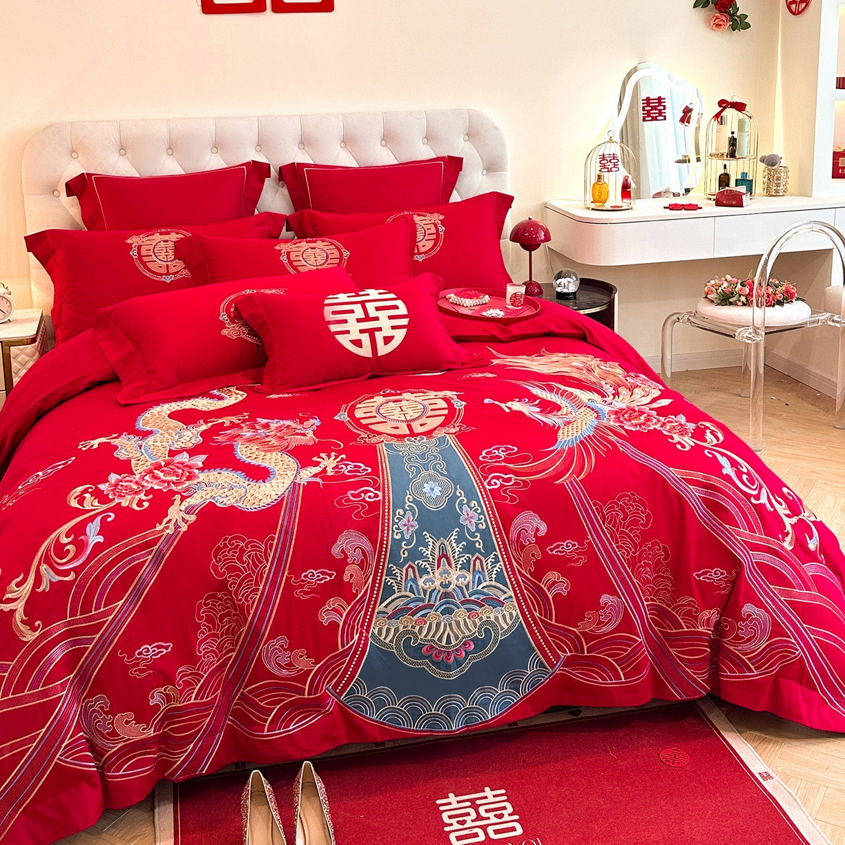 91家纺网 家纺一手货源 找家纺 置顶家纺 2025新款亲肤刺绣婚庆磨毛四件套 盛世龙凤-大红