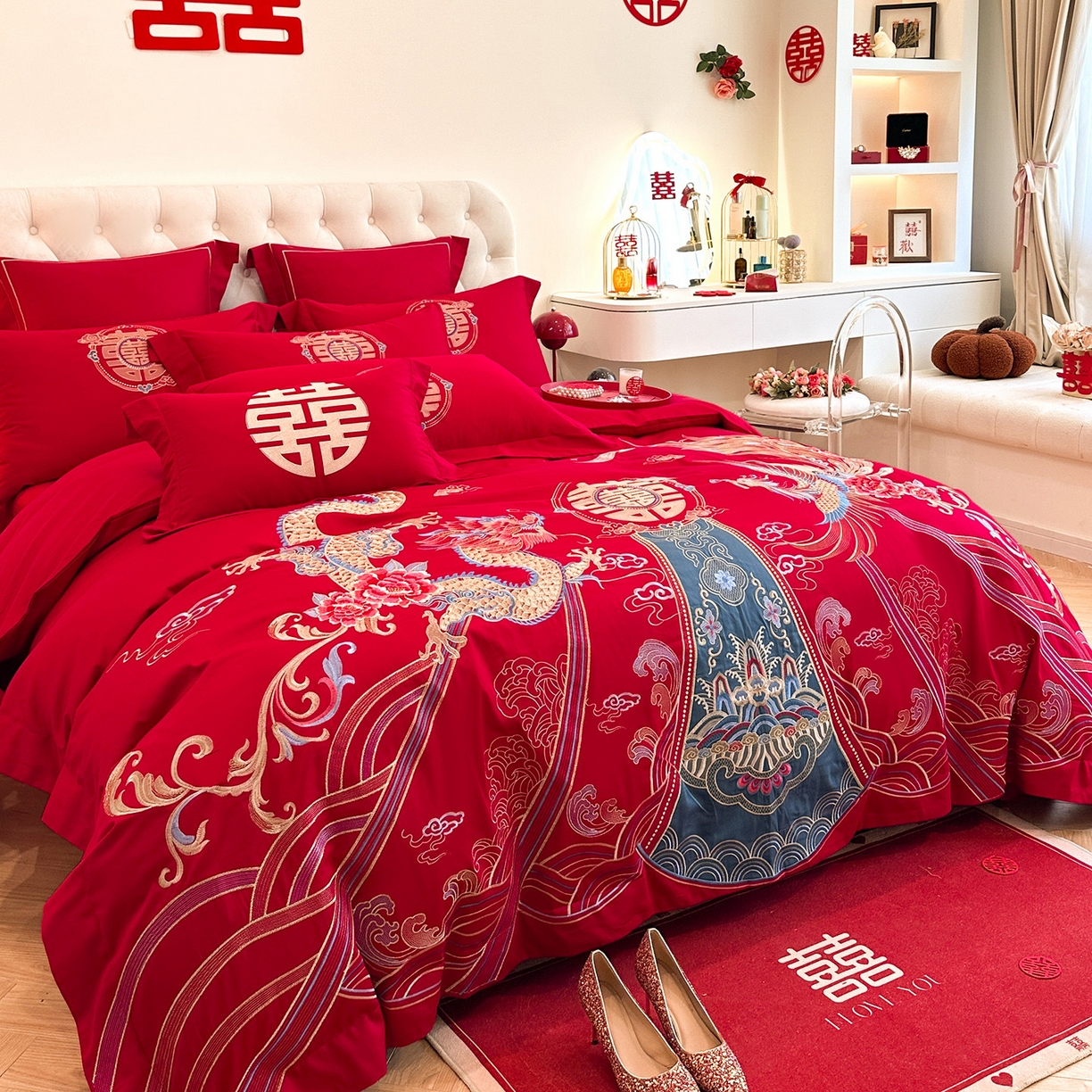 91家纺网 家纺一手货源 找家纺 置顶家纺 2025新款亲肤刺绣婚庆磨毛四件套 盛世龙凤-大红