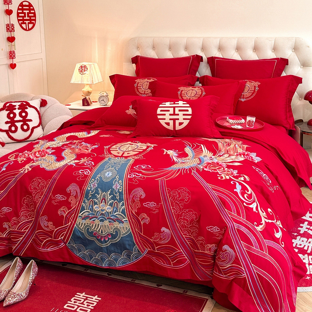 91家纺网 家纺一手货源 找家纺 置顶家纺 2025新款亲肤刺绣婚庆磨毛四件套 盛世龙凤-大红