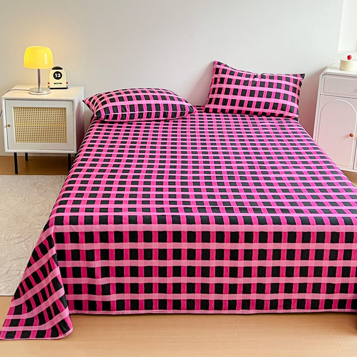 91家纺网 家纺一手货源 找家纺 感遇 2025新款全棉磨毛A类床单床笠三件套 玫红格