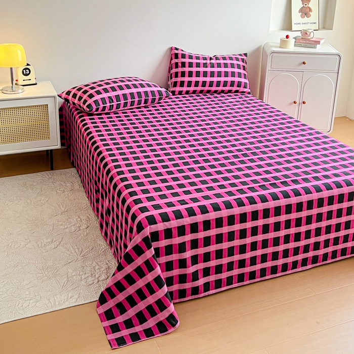 91家纺网 家纺一手货源 找家纺 感遇 2025新款全棉磨毛A类床单床笠三件套 玫红格