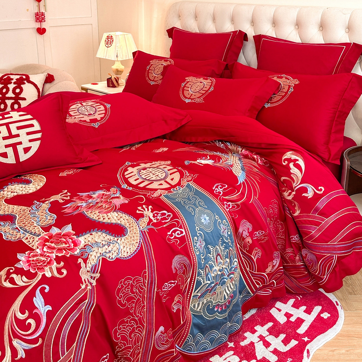91家纺网 家纺一手货源 找家纺 置顶家纺 2025新款亲肤刺绣婚庆磨毛四件套 盛世龙凤-大红