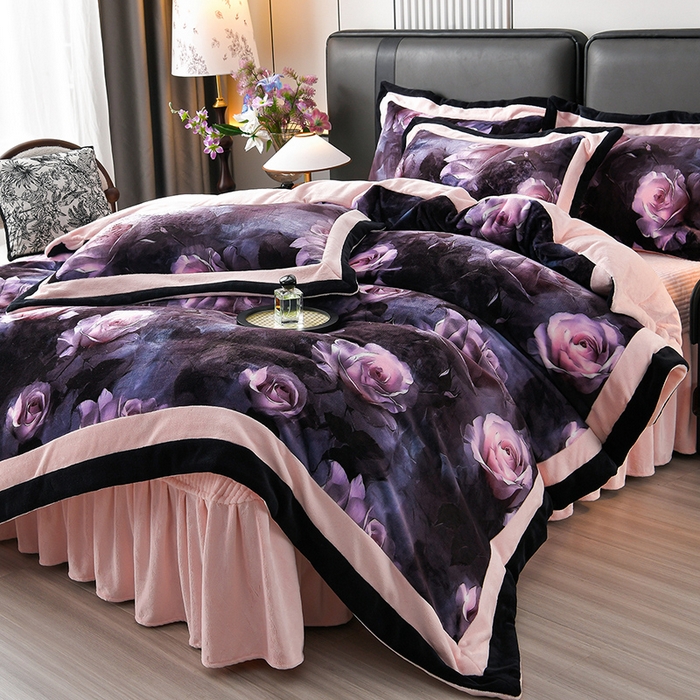 91家纺网 家纺一手货源 找家纺 馨梦缘 2025新款牛奶绒数码印花四件套 玫瑰时光-粉