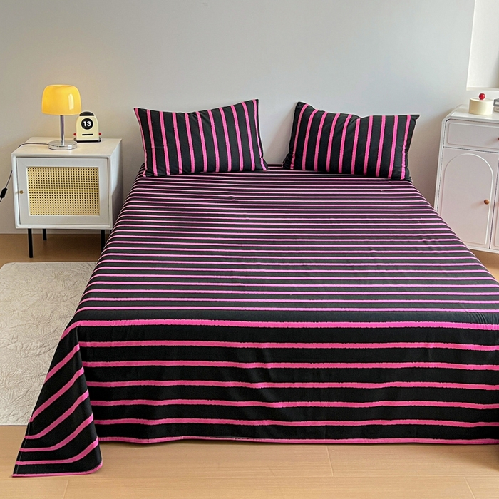 91家纺网 家纺一手货源 找家纺 感遇 2025新款全棉磨毛A类床单床笠三件套 玫红条纹