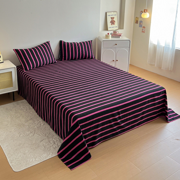 91家纺网 家纺一手货源 找家纺 感遇 2025新款全棉磨毛A类床单床笠三件套 玫红条纹