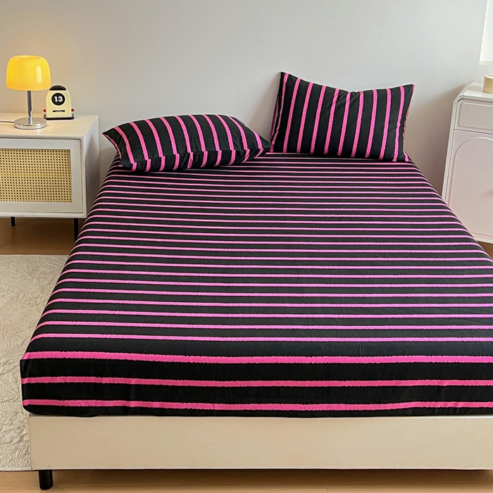 91家纺网 家纺一手货源 找家纺 感遇 2025新款全棉磨毛A类床单床笠三件套 玫红条纹