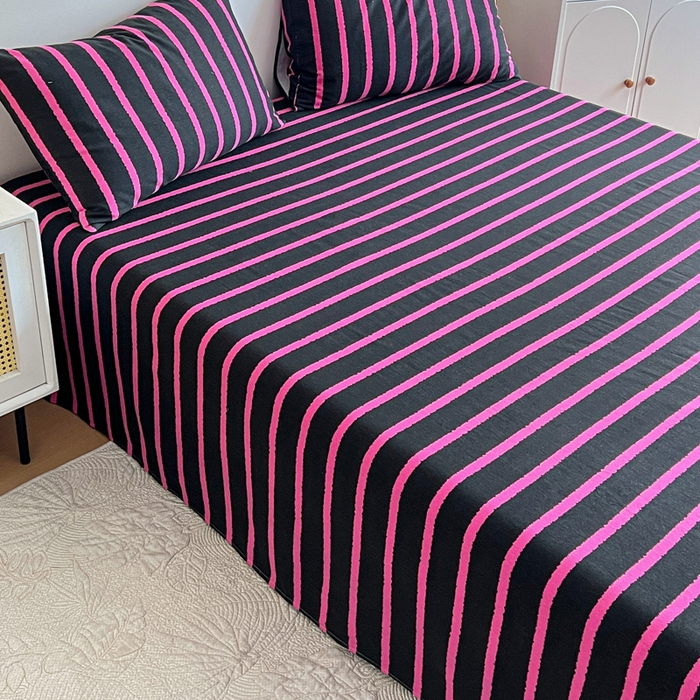 91家纺网 家纺一手货源 找家纺 感遇 2025新款全棉磨毛A类床单床笠三件套 玫红条纹