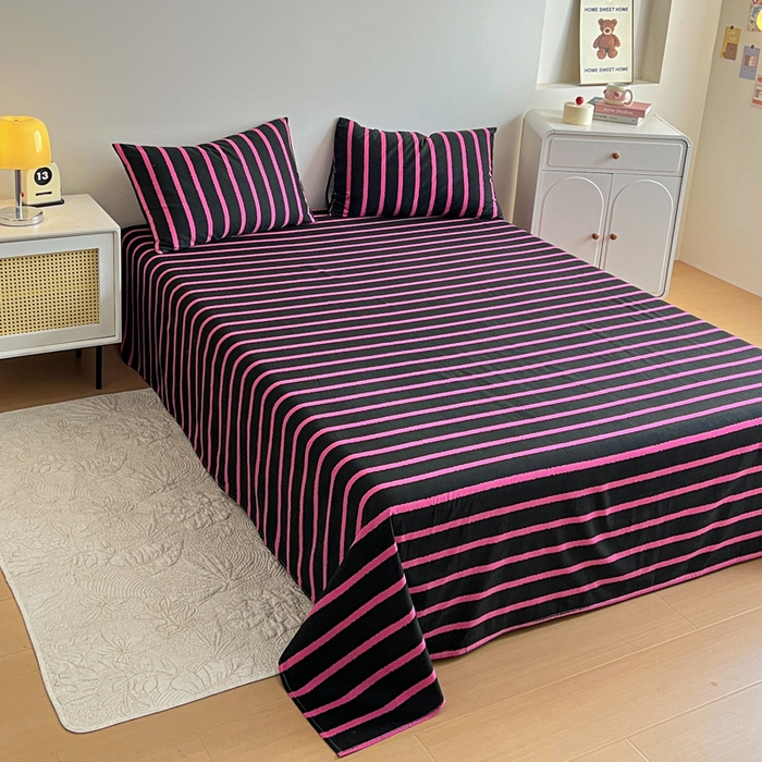 91家纺网 家纺一手货源 找家纺 感遇 2025新款全棉磨毛A类床单床笠三件套 玫红条纹