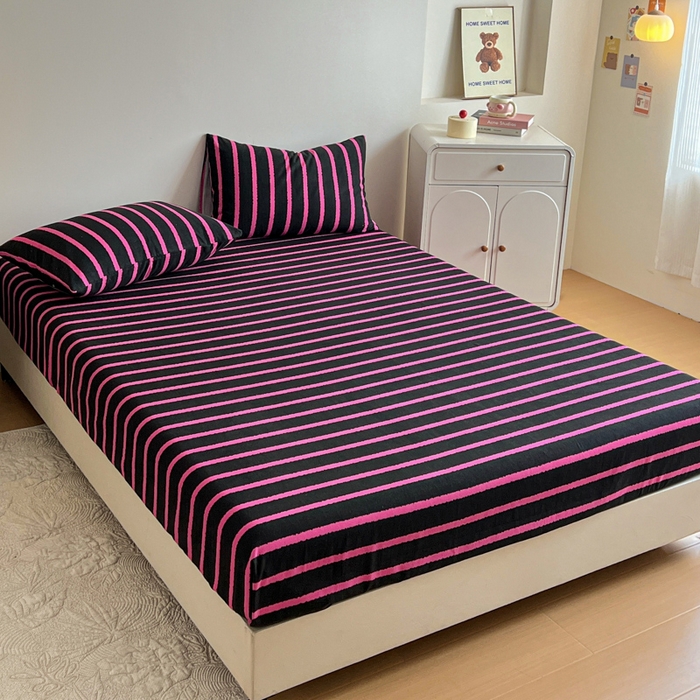 91家纺网 家纺一手货源 找家纺 感遇 2025新款全棉磨毛A类床单床笠三件套 玫红条纹