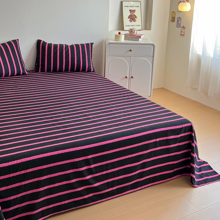 91家纺网 家纺一手货源 找家纺 感遇 2025新款全棉磨毛A类床单床笠三件套 玫红条纹