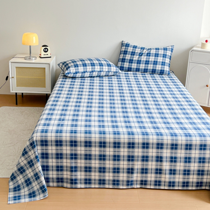 91家纺网 家纺一手货源 找家纺 感遇 2025新款全棉磨毛A类床单床笠三件套 米蓝格