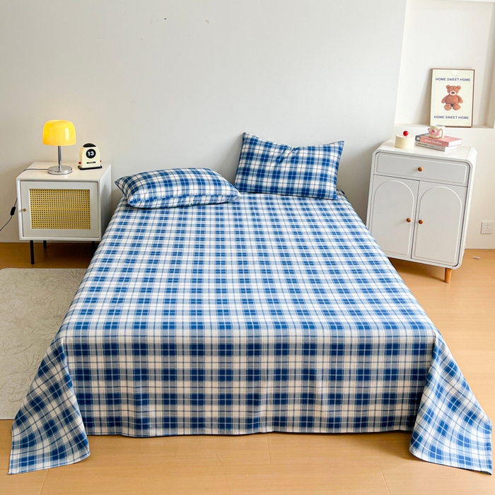 感遇 2025新款全棉磨毛A类床单床笠三件套 米蓝格