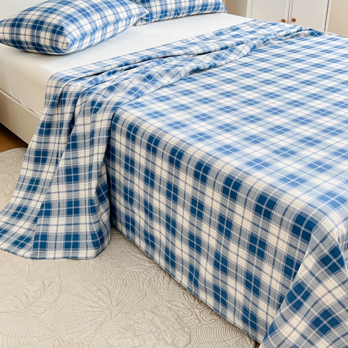 91家纺网 家纺一手货源 找家纺 感遇 2025新款全棉磨毛A类床单床笠三件套 米蓝格