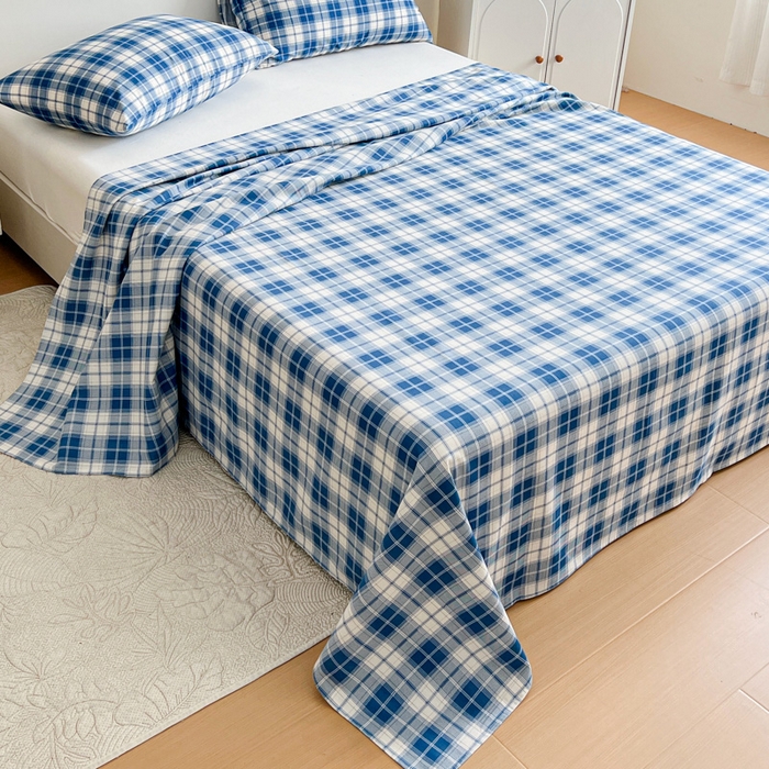 91家纺网 家纺一手货源 找家纺 感遇 2025新款全棉磨毛A类床单床笠三件套 米蓝格