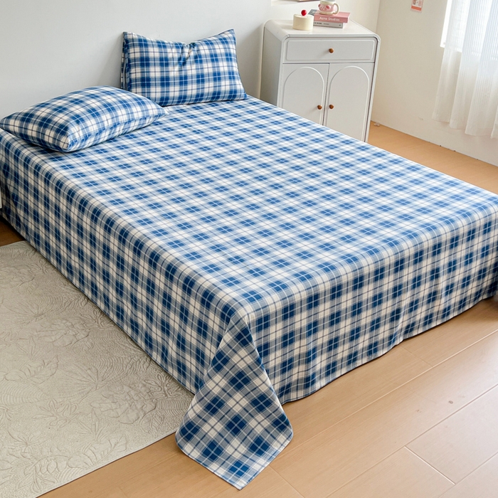 91家纺网 家纺一手货源 找家纺 感遇 2025新款全棉磨毛A类床单床笠三件套 米蓝格