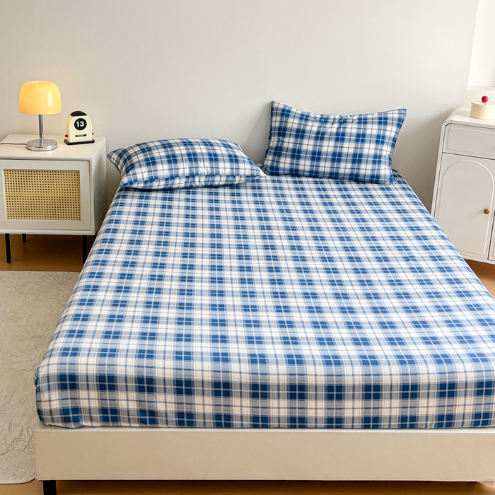 91家纺网 家纺一手货源 找家纺 感遇 2025新款全棉磨毛A类床单床笠三件套 米蓝格