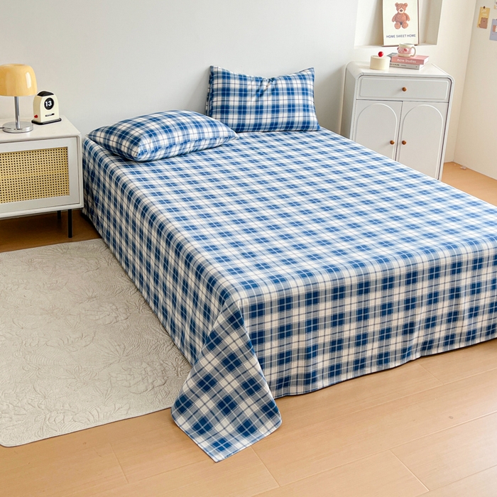 91家纺网 家纺一手货源 找家纺 感遇 2025新款全棉磨毛A类床单床笠三件套 米蓝格