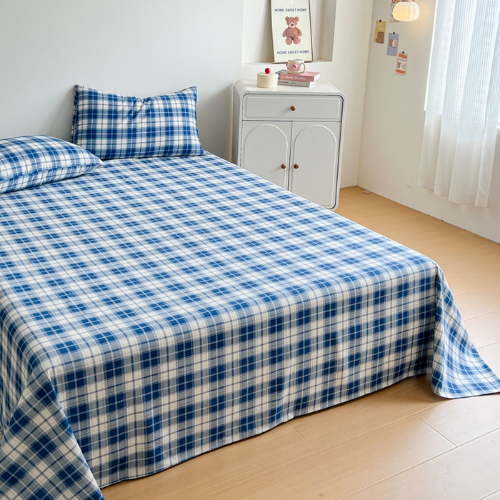 91家纺网 家纺一手货源 找家纺 感遇 2025新款全棉磨毛A类床单床笠三件套 米蓝格