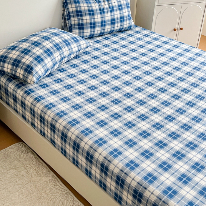 91家纺网 家纺一手货源 找家纺 感遇 2025新款全棉磨毛A类床单床笠三件套 米蓝格