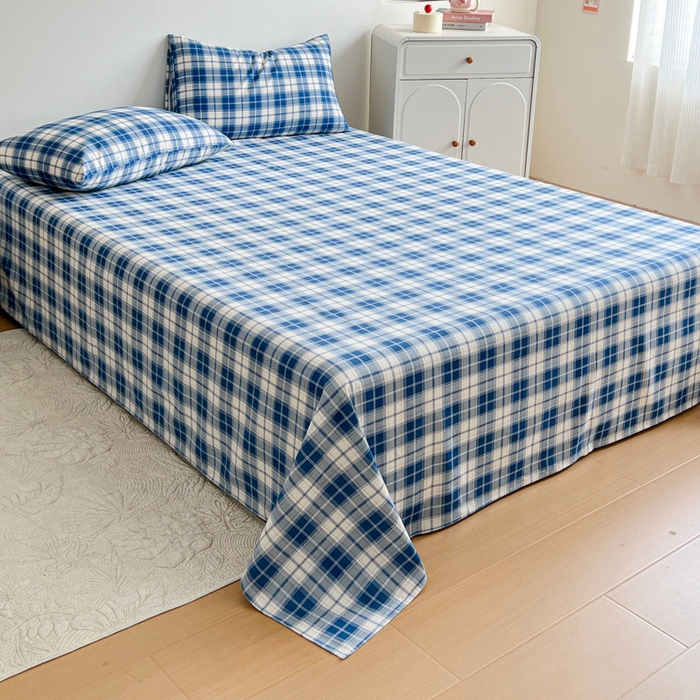 91家纺网 家纺一手货源 找家纺 感遇 2025新款全棉磨毛A类床单床笠三件套 米蓝格