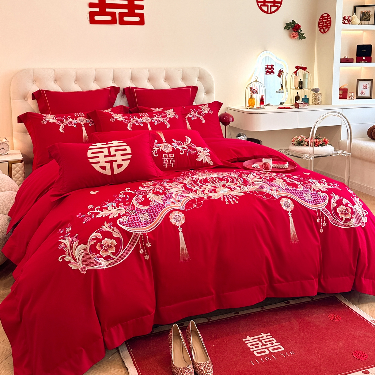 91家纺网 家纺一手货源 找家纺 置顶家纺 2025新款亲肤刺绣婚庆磨毛四件套 天作之合-大红
