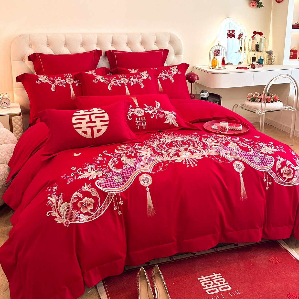 91家纺网 家纺一手货源 找家纺 置顶家纺 2025新款亲肤刺绣婚庆磨毛四件套 天作之合-大红