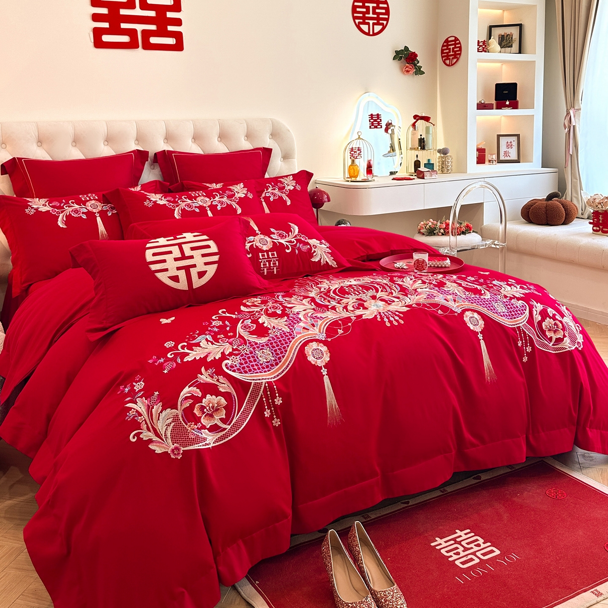 91家纺网 家纺一手货源 找家纺 置顶家纺 2025新款亲肤刺绣婚庆磨毛四件套 天作之合-大红