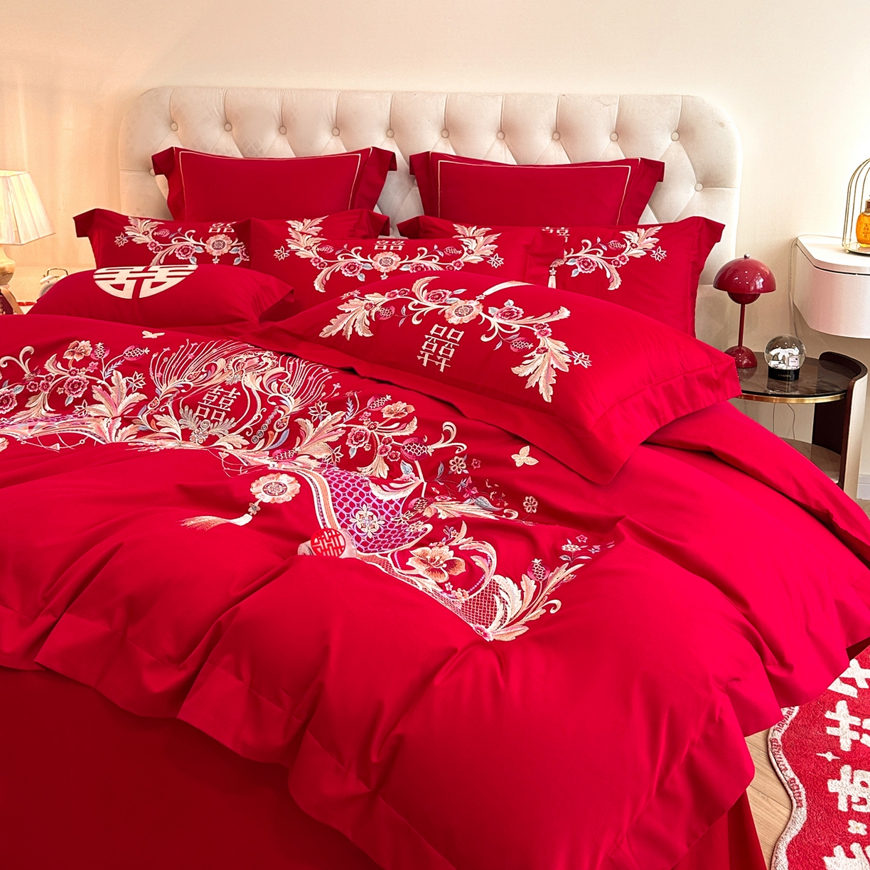 91家纺网 家纺一手货源 找家纺 置顶家纺 2025新款亲肤刺绣婚庆磨毛四件套 天作之合-大红