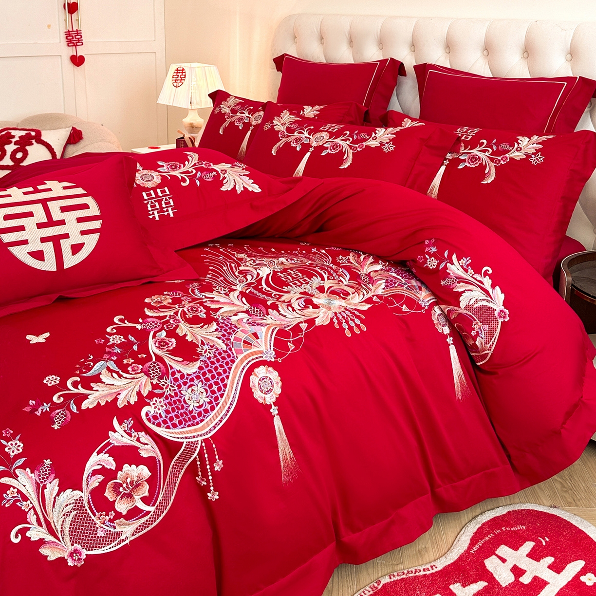 91家纺网 家纺一手货源 找家纺 置顶家纺 2025新款亲肤刺绣婚庆磨毛四件套 天作之合-大红