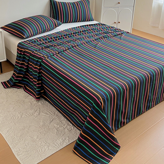 91家纺网 家纺一手货源 找家纺 感遇 2025新款全棉磨毛A类床单床笠三件套 霓虹