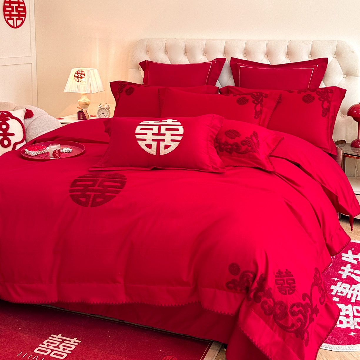 91家纺网 家纺一手货源 找家纺 置顶家纺 2025新款亲肤刺绣婚庆磨毛四件套 禧祥-大红