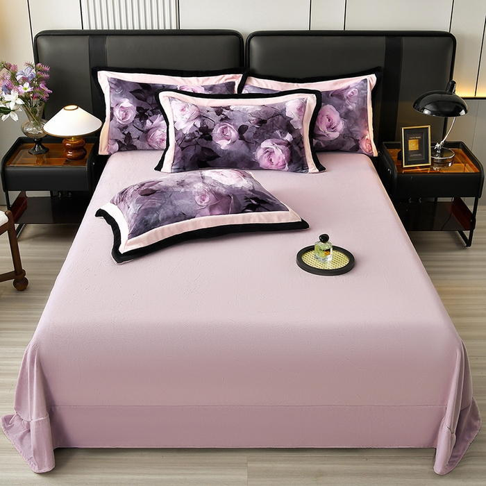 91家纺网 家纺一手货源 找家纺 馨梦缘 2025新款牛奶绒数码印花四件套 玫瑰时光-紫