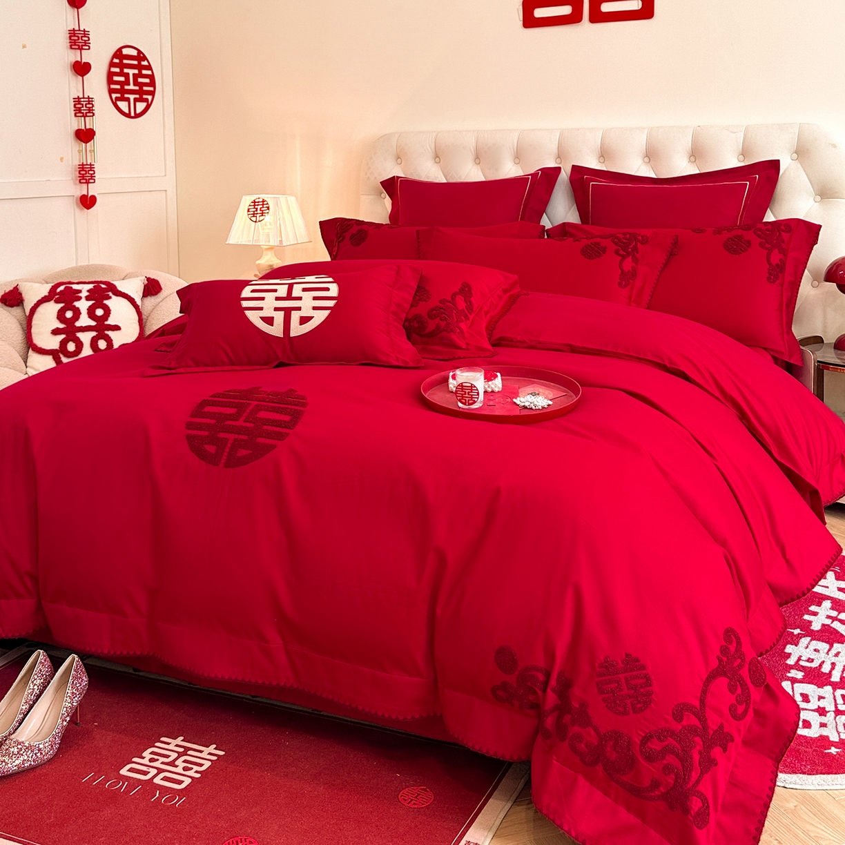 91家纺网 家纺一手货源 找家纺 置顶家纺 2025新款亲肤刺绣婚庆磨毛四件套 禧祥-大红