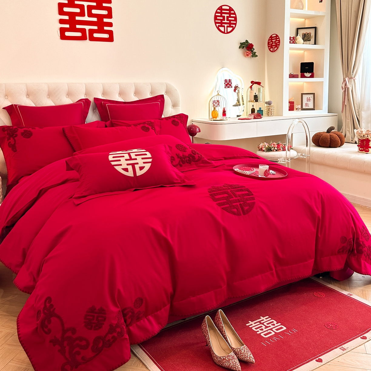91家纺网 家纺一手货源 找家纺 置顶家纺 2025新款亲肤刺绣婚庆磨毛四件套 禧祥-大红