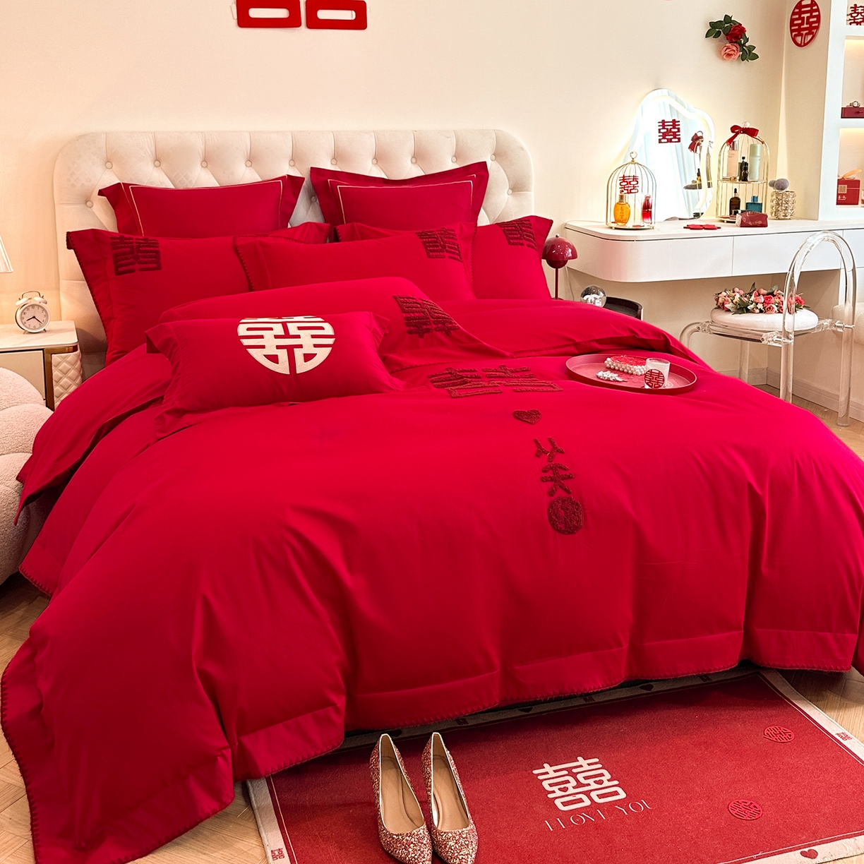 91家纺网 家纺一手货源 找家纺 置顶家纺 2025新款亲肤刺绣婚庆磨毛四件套 囍从天降-大红